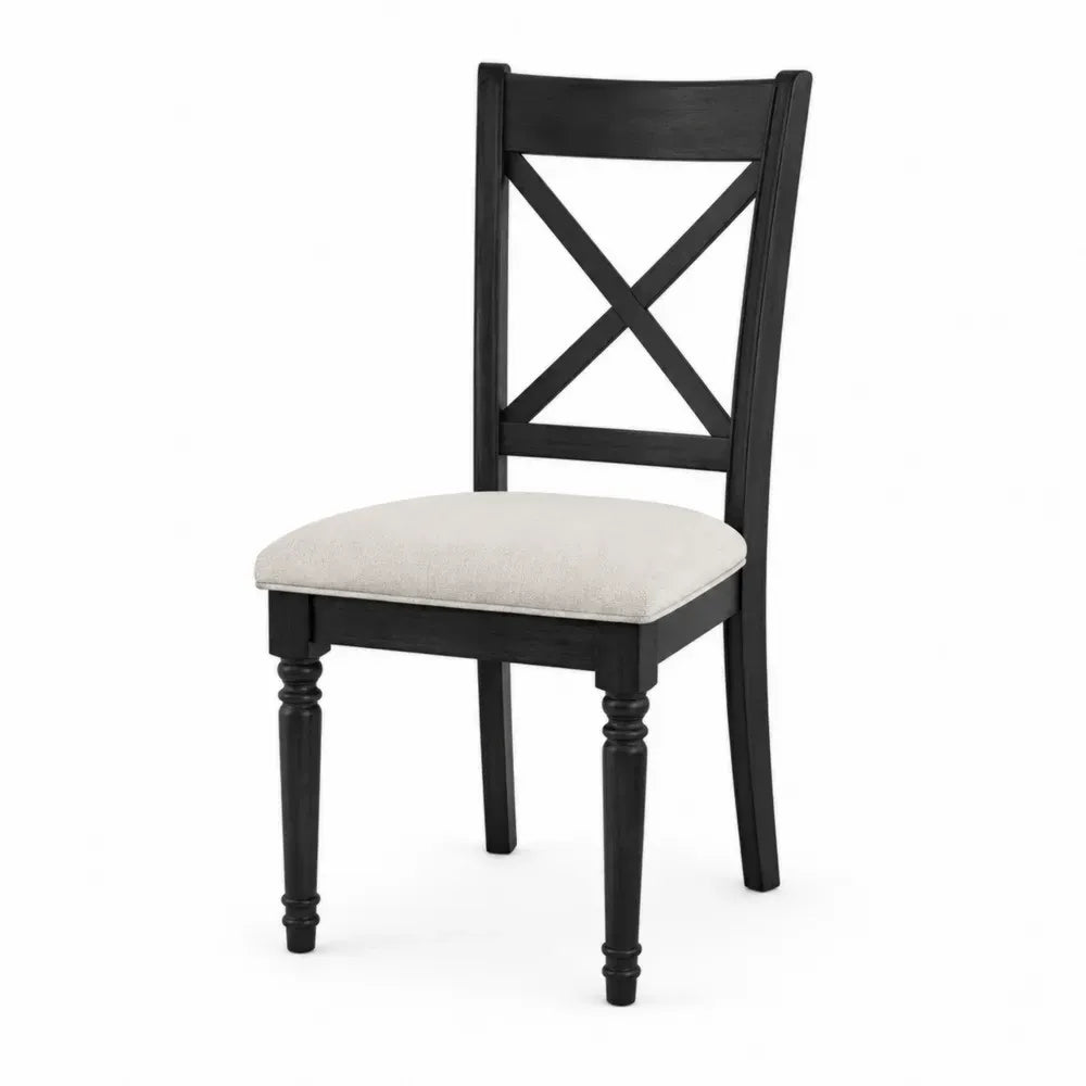 Silla de comedor de madera maciza de caucho con respaldo cruzado asiento acolchado blanco estructura negra 90 cm