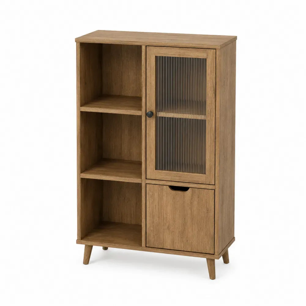 Aparador buffet de MDF color madera natural con puerta de vidrio estriado estantes abiertos y cajón 80x40x120 cm