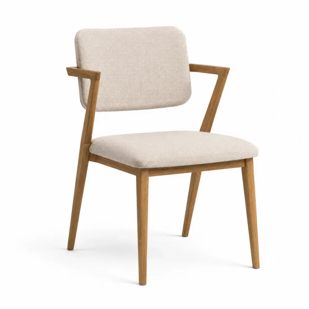 Silla de comedor con reposabrazos de madera maciza de caucho con asiento tapizado de tejido beige respaldo acolchado 56x55x86 cm color madera natural y beige