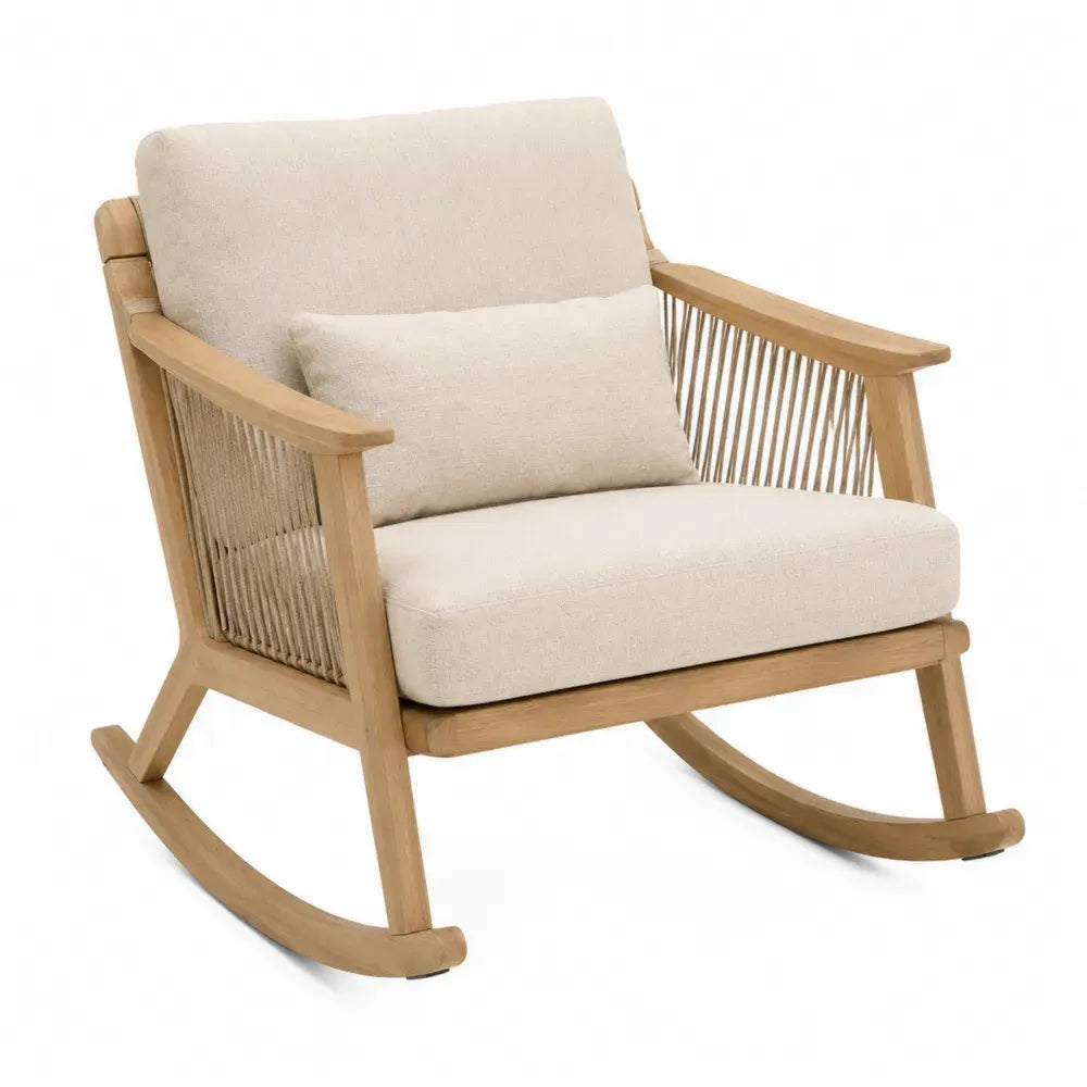Silla mecedora de exterior con estructura de madera maciza de acacia y cojines de poliéster beige 80 x 75 x 90 cm