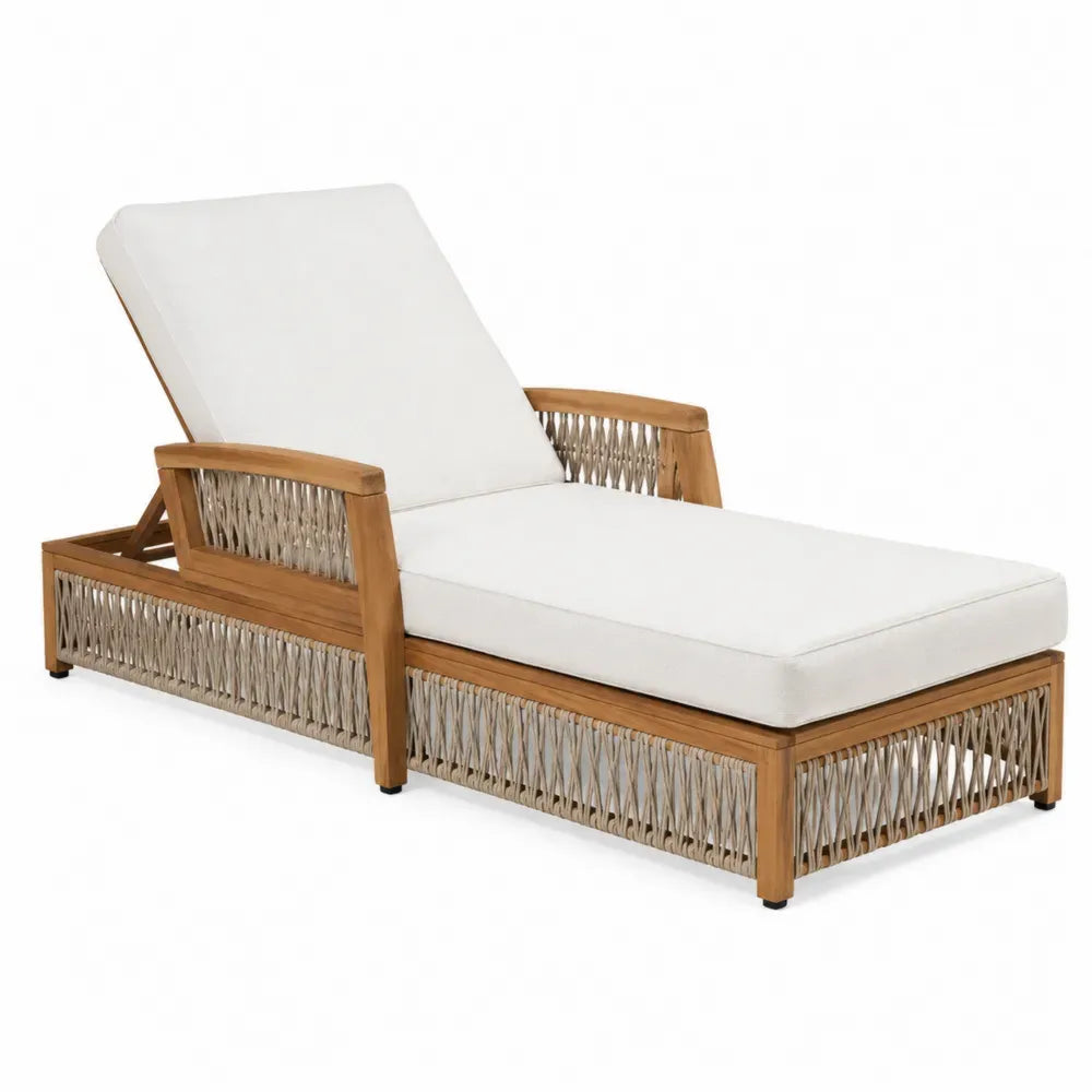 Tumbona de exterior con estructura de madera maciza de acacia cuerda trenzada beige y cojines crema 190 x 75 x 85 cm