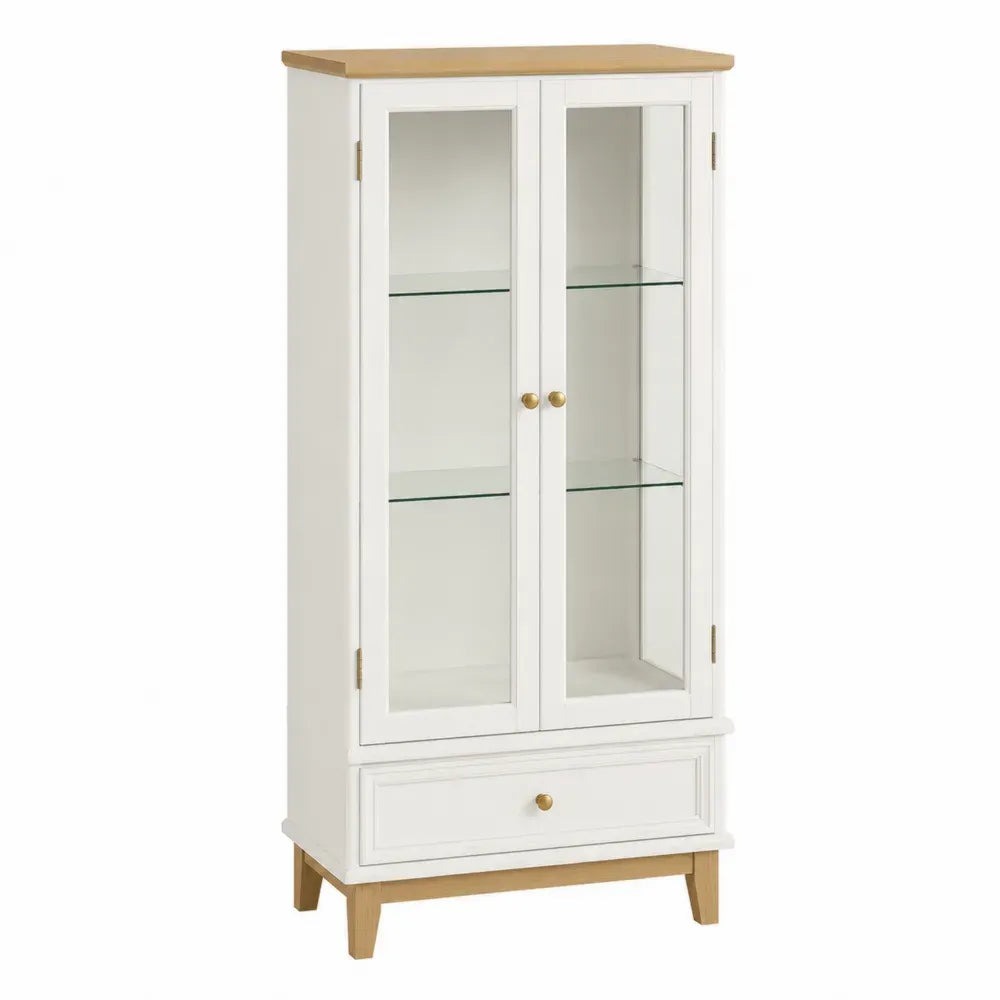 Vitrina aparador de MDF blanco con puertas de vidrio templado estantes de vidrio cajón y encimera madera natural 80x40x180 cm