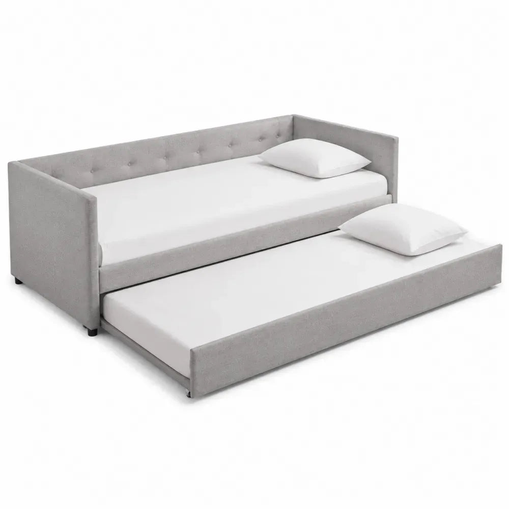 Cama nido tapizada con cama inferior extraíble de madera de pino y MDF con estructura de acero gris claro 205 cm x 98 cm x 85 cm
