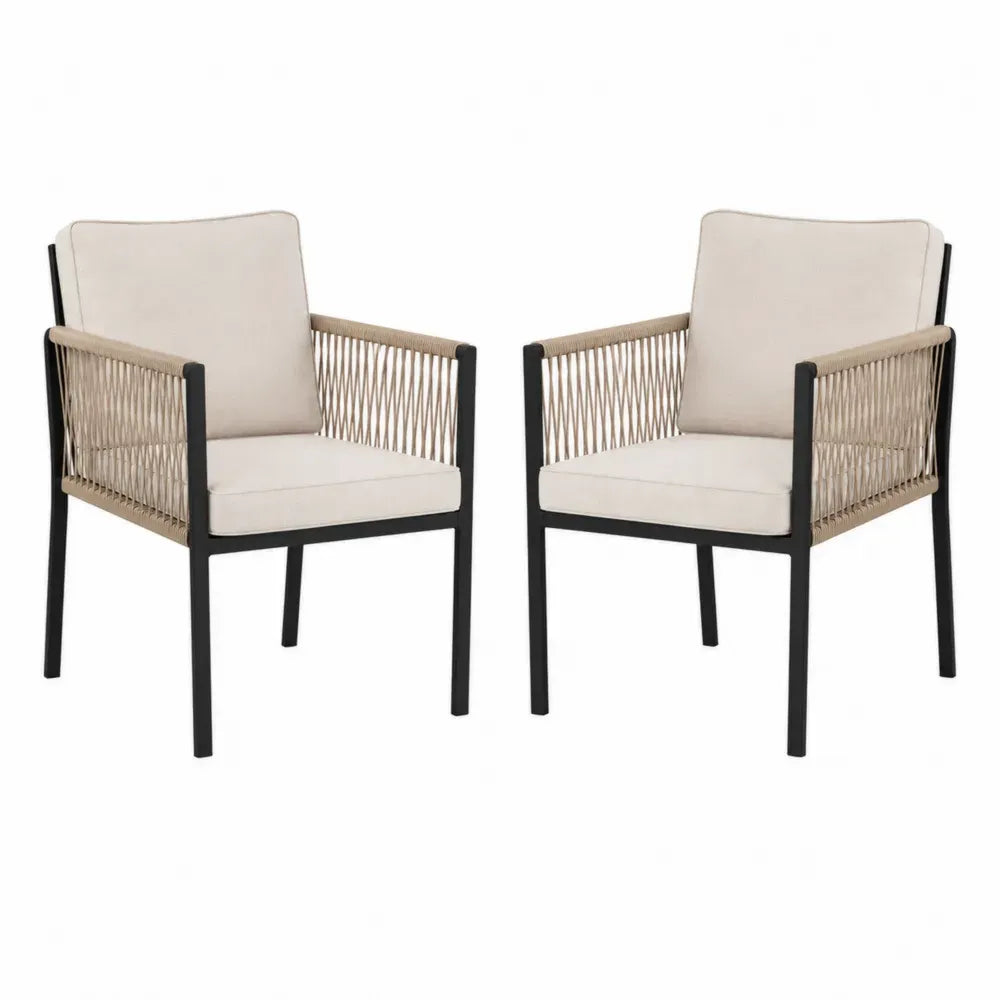 Sillas de exterior con estructura de acero negro y laterales de cuerda trenzada con cojines beige juego de 2 unidades 55 cm x 60 cm x 85 cm