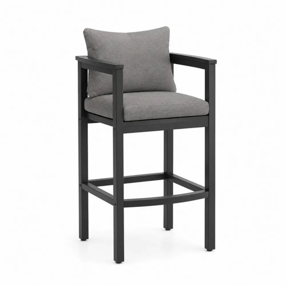 Silla alta de exterior con reposabrazos estructura de aluminio negro y cojines de poliéster gris 55 x 60 x 95 cm
