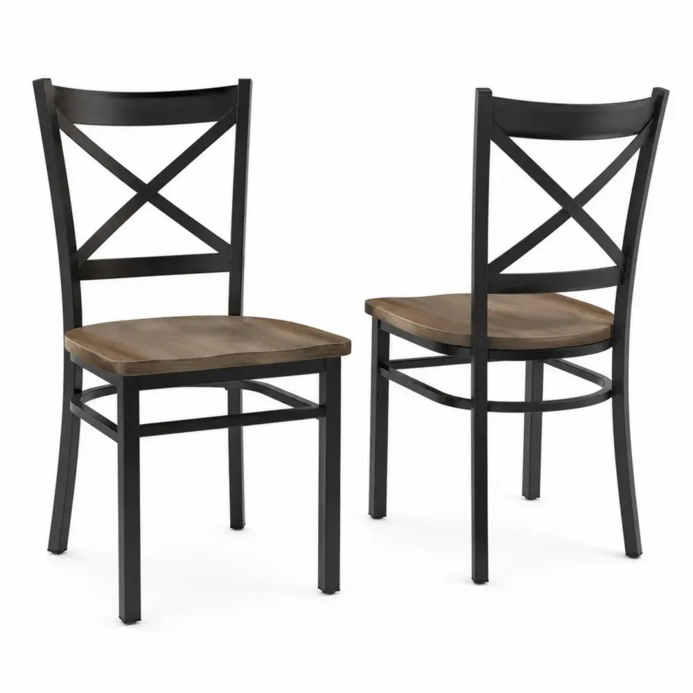 Juego de 2 sillas de comedor con estructura de acero negro asiento de madera natural respaldo en cruz 45x50x85 cm