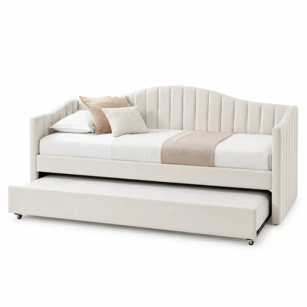 Cama nido tapizada rectangular con cama extraíble con ruedas estructura de MDF y madera de pino beige 90 x 200 cm