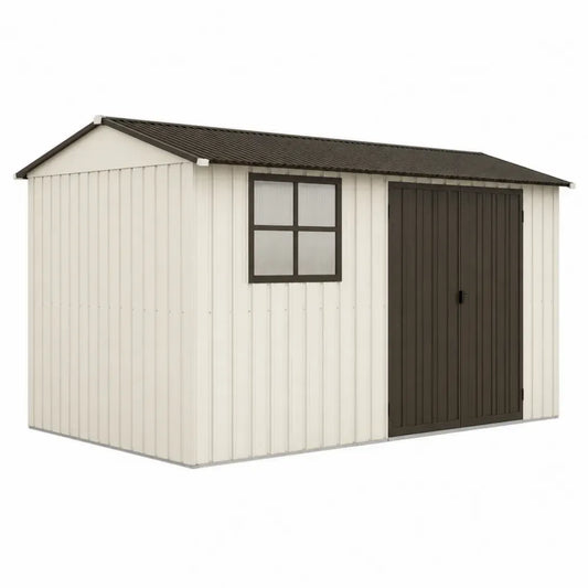 Caseta de almacenamiento exterior de acero galvanizado con puerta doble y ventana techo inclinado color beige y marrón 260 cm x 200 cm x 200 cm