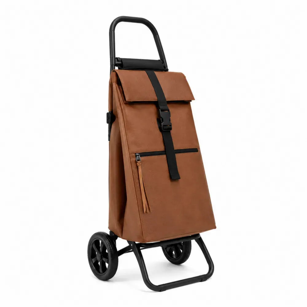 Carro de compra plegable con bolsa de poliéster Oxford marrón estructura de acero negro 50 L 45 x 35 x 95 cm