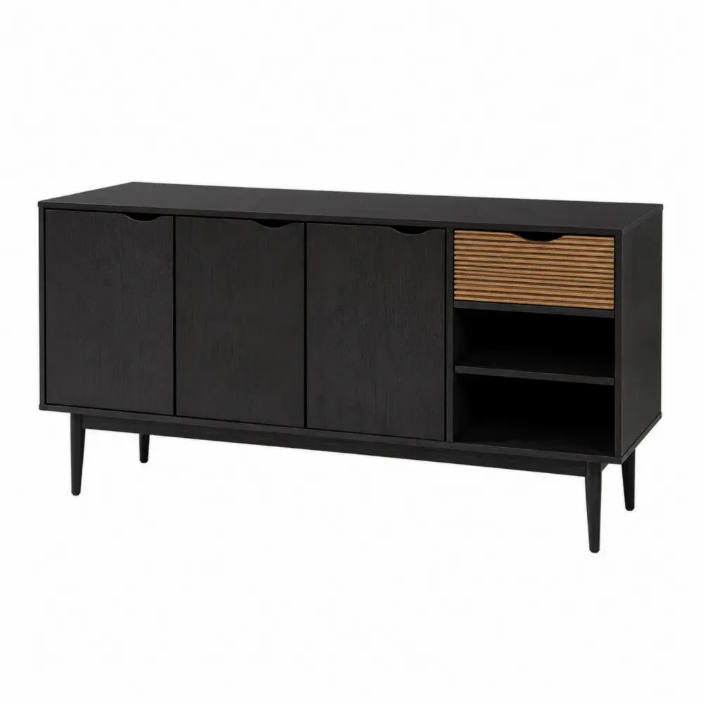 Aparador buffet de MDF negro con 3 puertas cajón efecto madera natural y estantes abiertos 140x40x80 cm