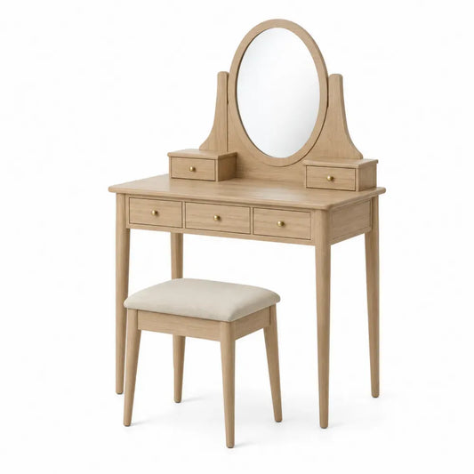 Tocador con espejo ovalado de MDF efecto madera natural con 5 cajones y taburete color madera natural 100 cm x 40 cm x 135 cm