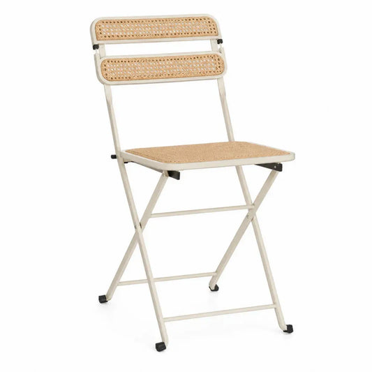 Silla plegable de exterior con asiento rectangular de ratán PE y estructura de acero blanco crema beige 45 x 50 x 80 cm