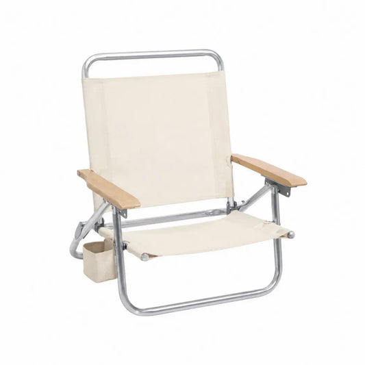 Silla plegable de exterior con estructura de aluminio y reposabrazos de madera tejido de poliéster color beige con portavasos 80 cm alto 55 cm ancho 60 cm profundidad