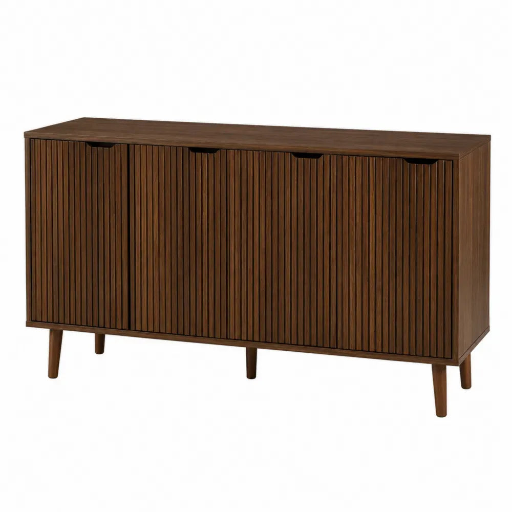 Aparador buffet rectangular de MDF efecto nogal marrón oscuro con 4 puertas ranuradas 160x40x75 cm