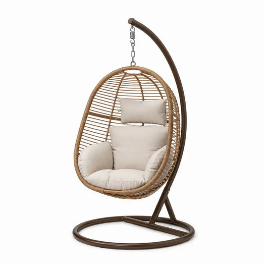Silla colgante tipo huevo de exterior con soporte de acero marrón asiento de ratán PE natural y cojines beige 100 x 100 x 195 cm