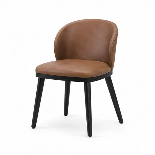 Silla de comedor tapizada en cuero PU marrón con patas de madera negra respaldo curvo 54x57x78 cm