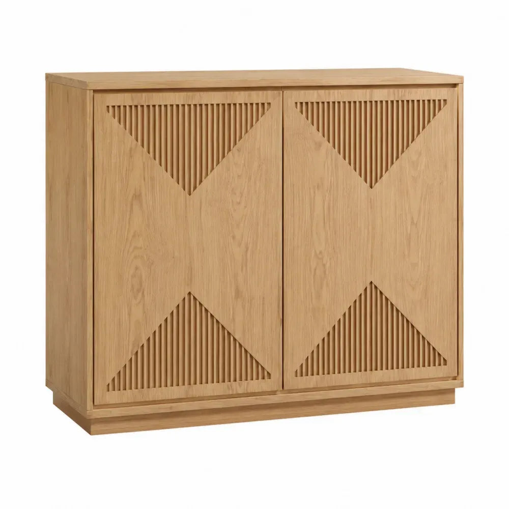 Aparador buffet rectangular de MDF con chapa de roble color madera natural 2 puertas geométricas acanaladas 100x40x80 cm