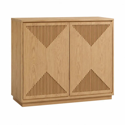 Aparador buffet rectangular de MDF con chapa de roble color madera natural 2 puertas geométricas acanaladas 100x40x80 cm