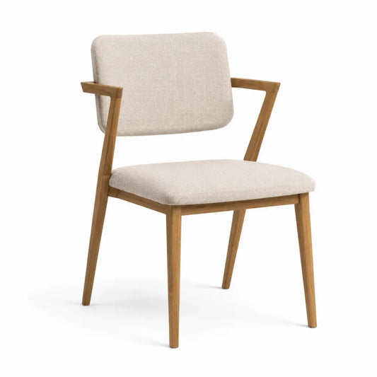 Silla de comedor con reposabrazos de madera maciza de caucho con asiento tapizado de tejido beige respaldo acolchado 56x55x86 cm color madera natural y beige