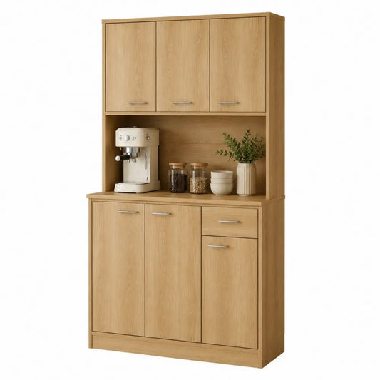 Aparador de cocina y comedor con armarios superiores e inferiores y zona abierta para cafetera acabado en madera natural 120 cm