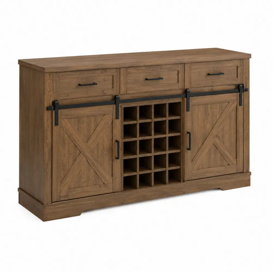Aparador buffet de madera con chapa de nogal y puertas correderas tipo granero 160x40x85 cm marrón nogal con botellero y cajones
