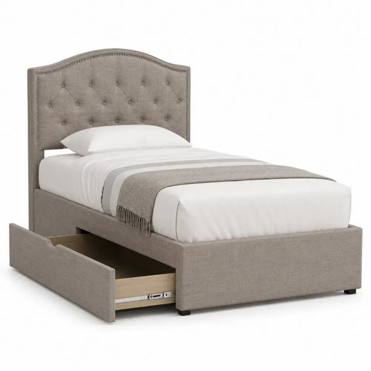 Cama tapizada con almacenaje y cajón lateral estructura de madera y acero color beige sin medidas especificadas