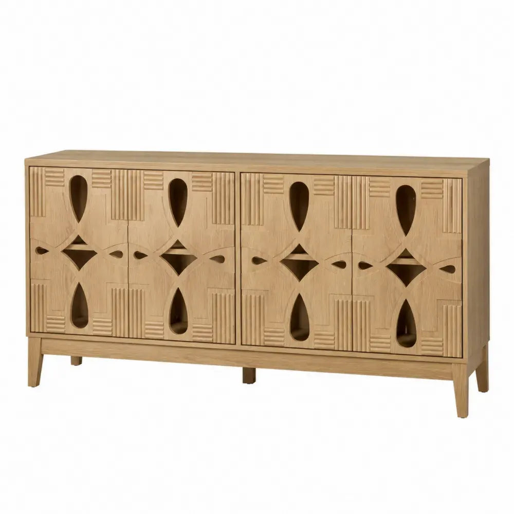 Aparador de 4 puertas con frentes tallados madera efecto roble natural 160 cm x 40 cm x 80 cm estilo bohemio
