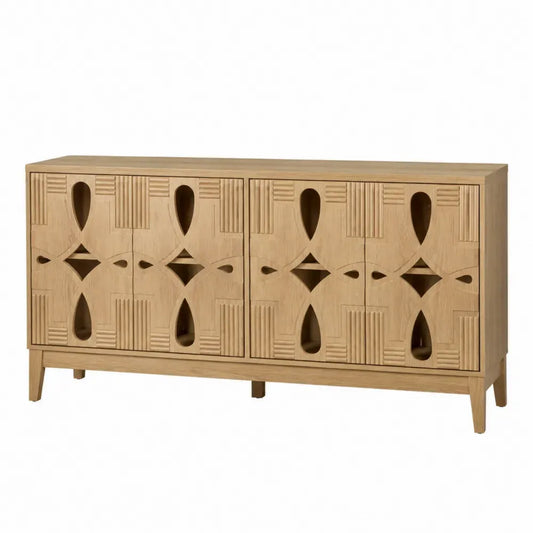 Aparador de 4 puertas con frentes tallados madera efecto roble natural 160 cm x 40 cm x 80 cm estilo bohemio