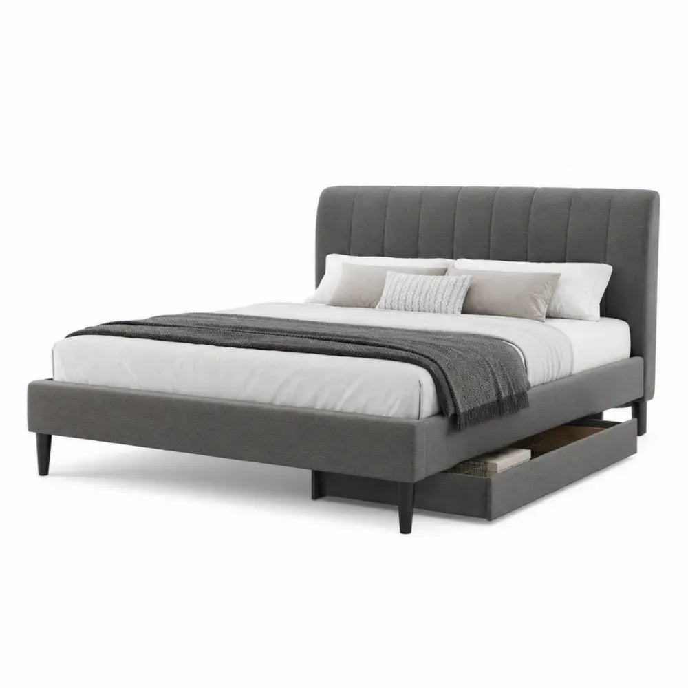 Cama tapizada con cajón lateral de almacenamiento base de listones estructura de acero y MDF color gris 160 x 200 cm cabecero acolchado