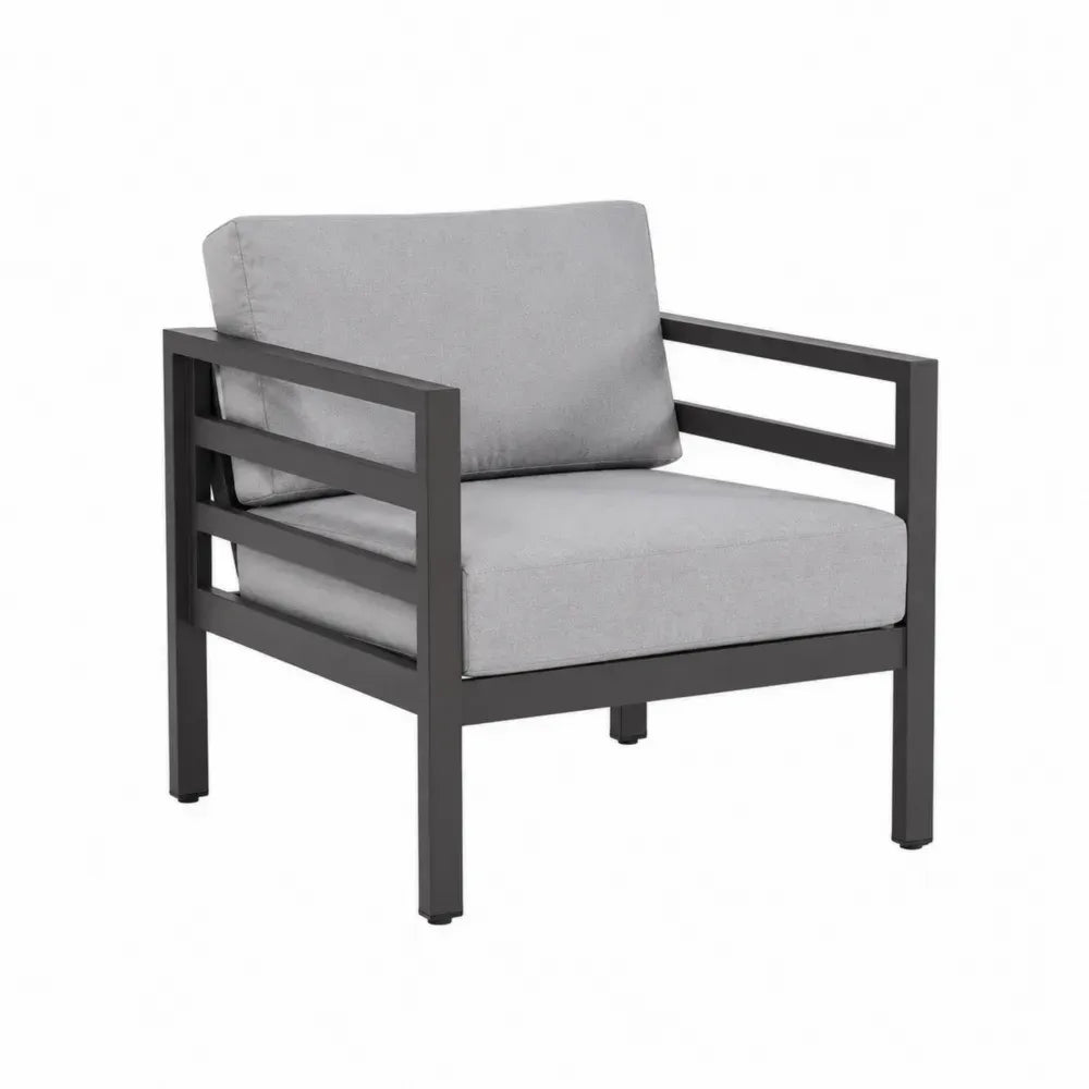 Silla de exterior de aluminio con cojines de poliéster gris estructura metálica negra diseño moderno 75 cm x 80 cm x 85 cm