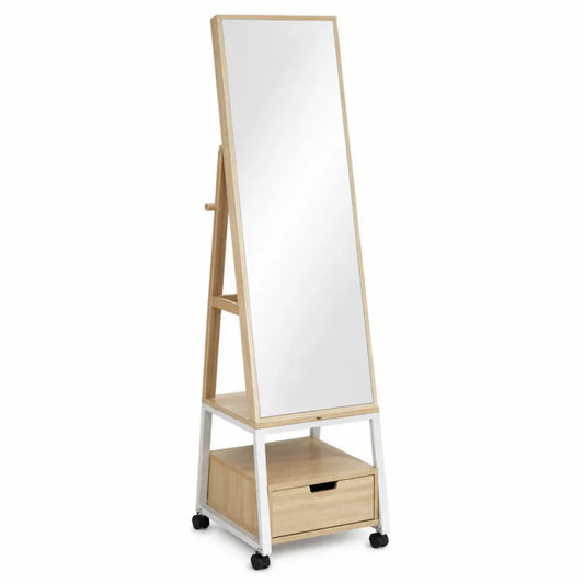 Carrito de almacenamiento con espejo de cuerpo entero en madera natural con cajón y ruedas 45 cm x 40 cm x 170 cm