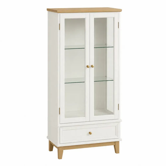 Vitrina aparador de MDF blanco con puertas de vidrio templado estantes de vidrio cajón y encimera madera natural 80x40x180 cm
