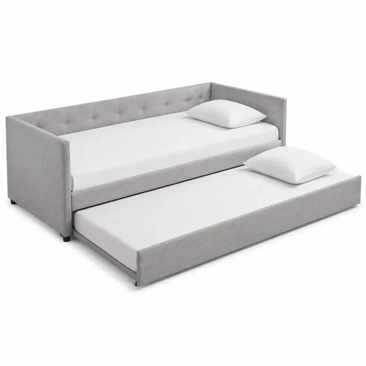 Cama nido tapizada con cama inferior extraíble de madera de pino y MDF con estructura de acero gris claro 205 cm x 98 cm x 85 cm
