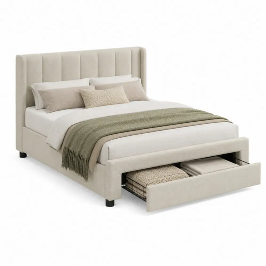 Cama doble tapizada rectangular con cabecero vertical y cajón de almacenamiento frontal MDF madera de pino beige 160 x 200 cm