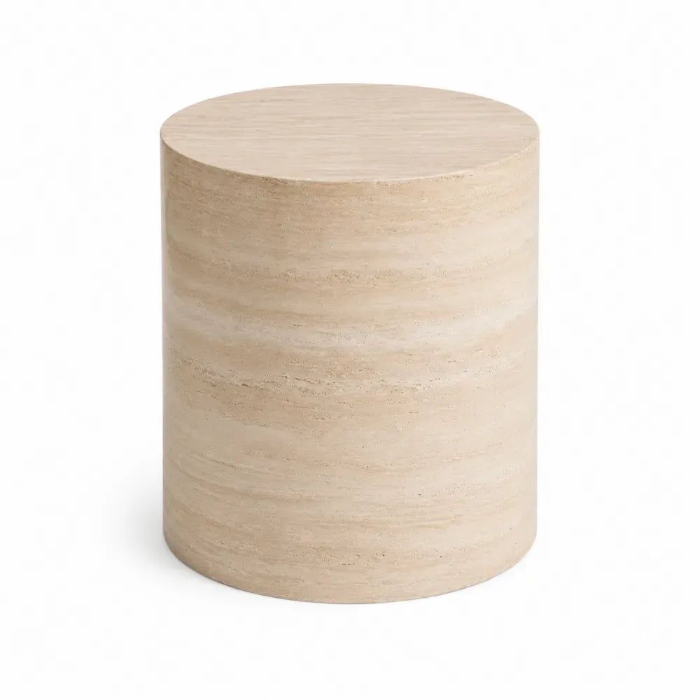 Mesa de exterior cilíndrica de piedra natural travertino color beige 40 cm diámetro 45 cm alto
