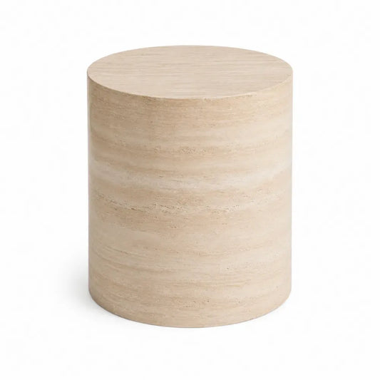 Mesa de exterior cilíndrica de piedra natural travertino color beige 40 cm diámetro 45 cm alto