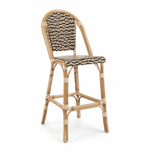 Silla de bar de exterior de bambú natural con asiento trenzado de ratán estilo bistró color madera natural y negro altura 105 cm