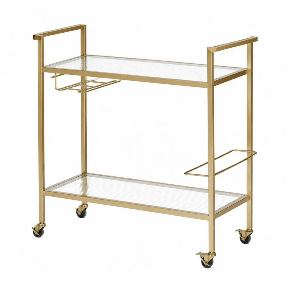 Carrito bar con ruedas de acero dorado y 2 estantes de vidrio templado transparente 80 x 40 x 85 cm