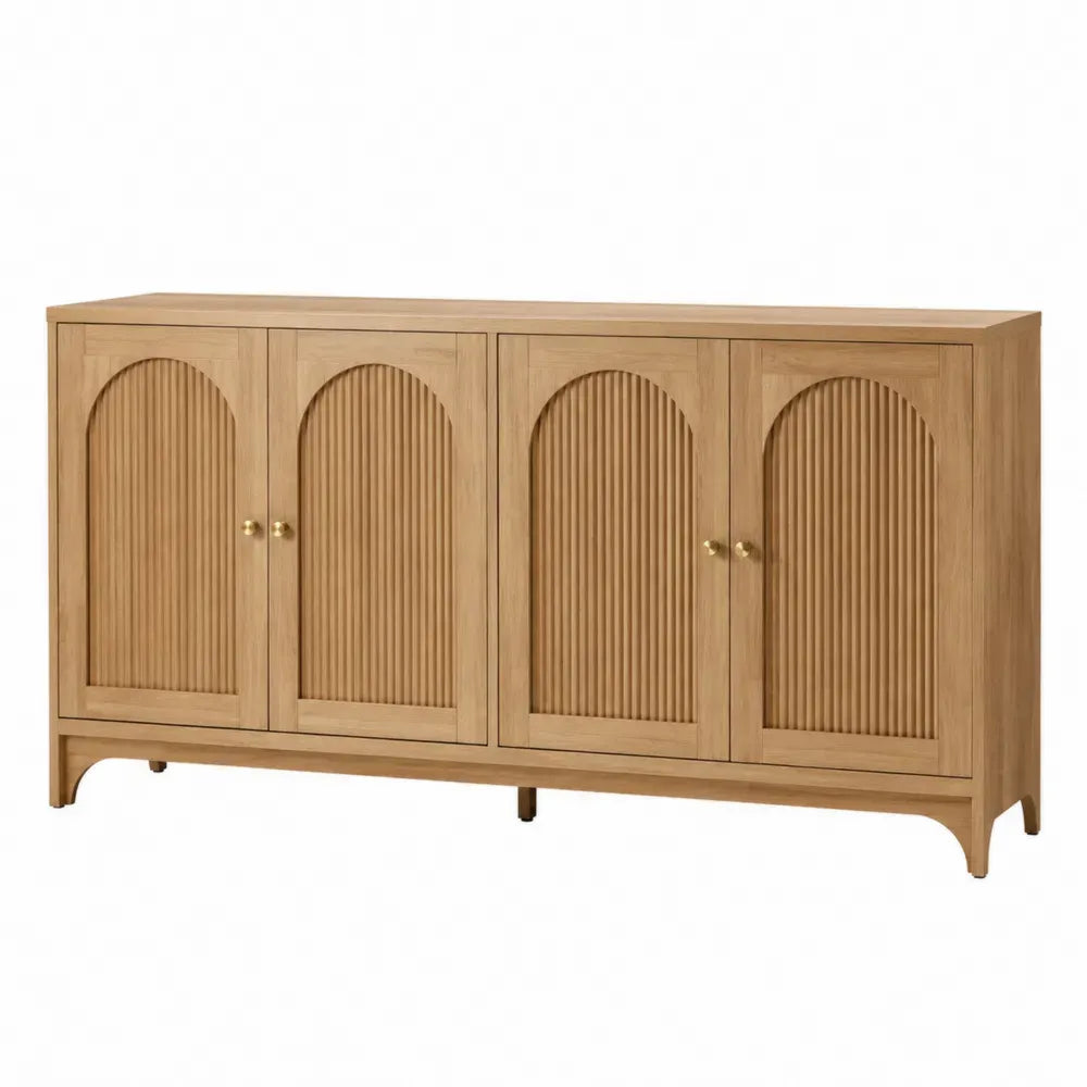 Aparador buffet rectangular de MDF con chapa de roble color madera natural 4 puertas arqueadas acanaladas tiradores dorados 160x40x80 cm