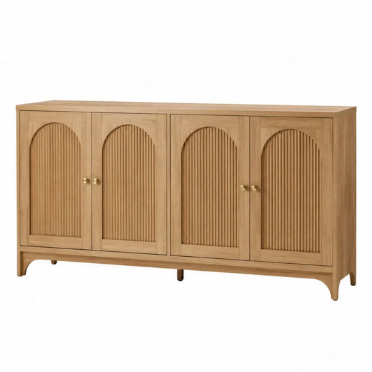 Aparador buffet rectangular de MDF con chapa de roble color madera natural 4 puertas arqueadas acanaladas tiradores dorados 160x40x80 cm