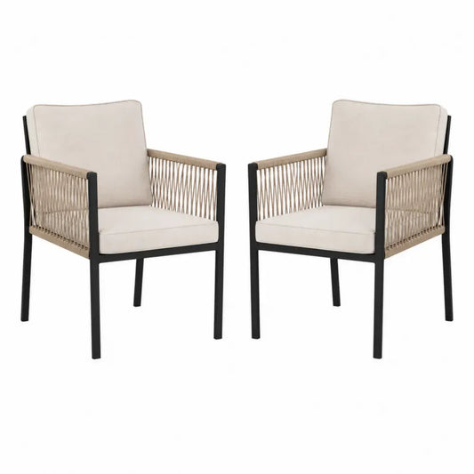 Sillas de exterior con estructura de acero negro y laterales de cuerda trenzada con cojines beige juego de 2 unidades 55 cm x 60 cm x 85 cm