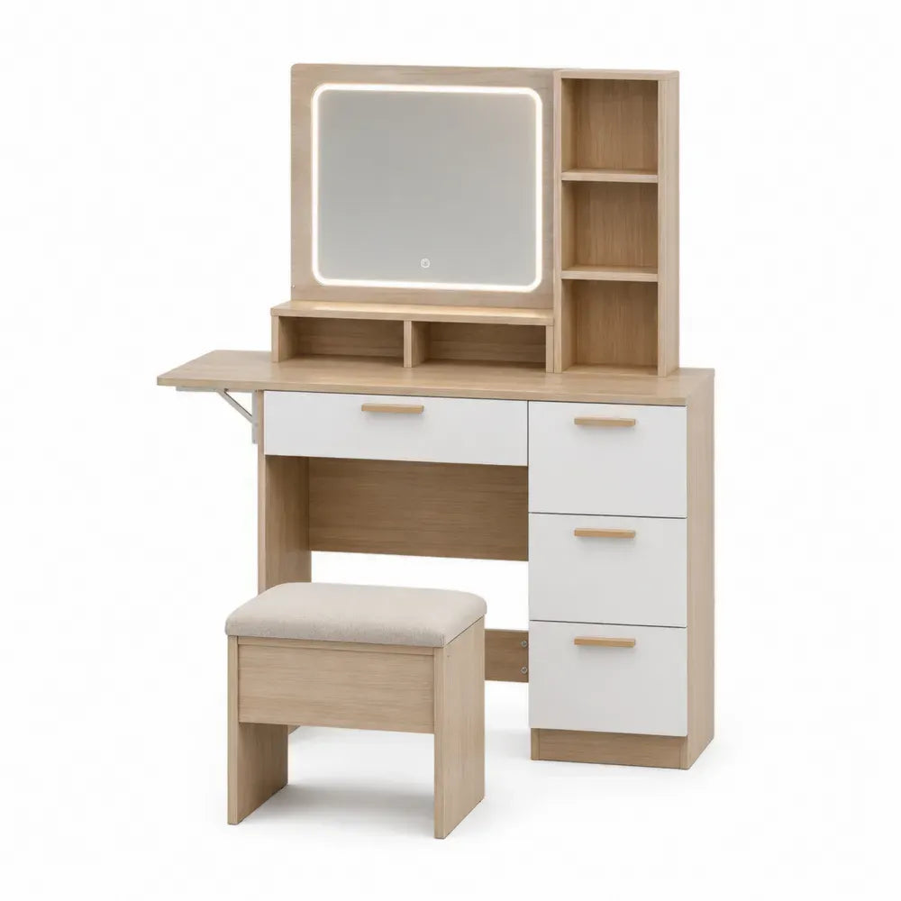 Tocador con espejo LED MDF madera natural y blanco con cajones estantes y taburete 100x40x140 cm rectangular