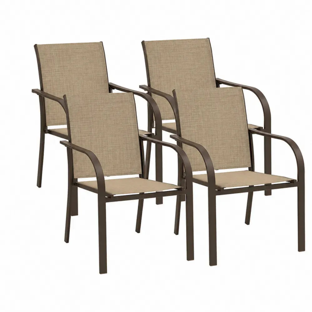 Juego de 4 sillas de exterior con reposabrazos estructura de acero al carbono con recubrimiento en polvo asiento y respaldo de textilene beige marrón 75 cm x 80 cm x 85 cm