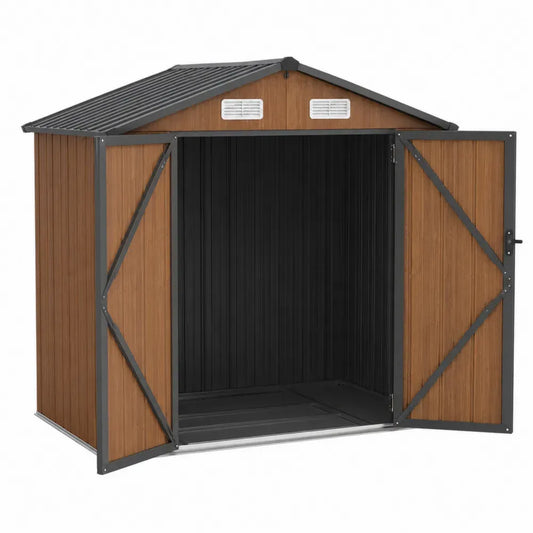Caseta de almacenamiento exterior de madera y metal con puertas dobles y ventilación techo inclinado 220 cm x 180 cm x 200 cm marrón madera y gris oscuro