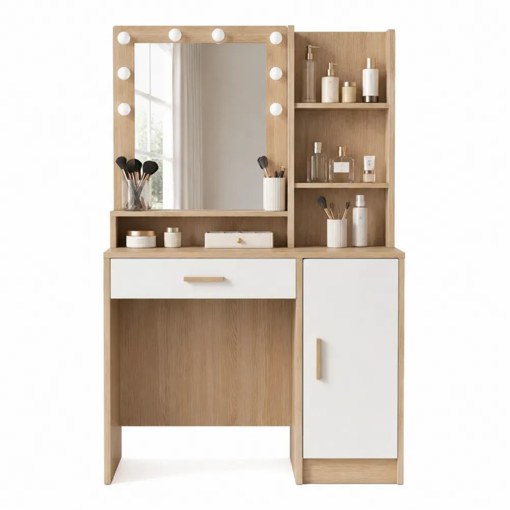Tocador rectangular con espejo iluminado estantería lateral cajón y armario de MDF efecto roble y blanco 120 x 40 x 140 cm